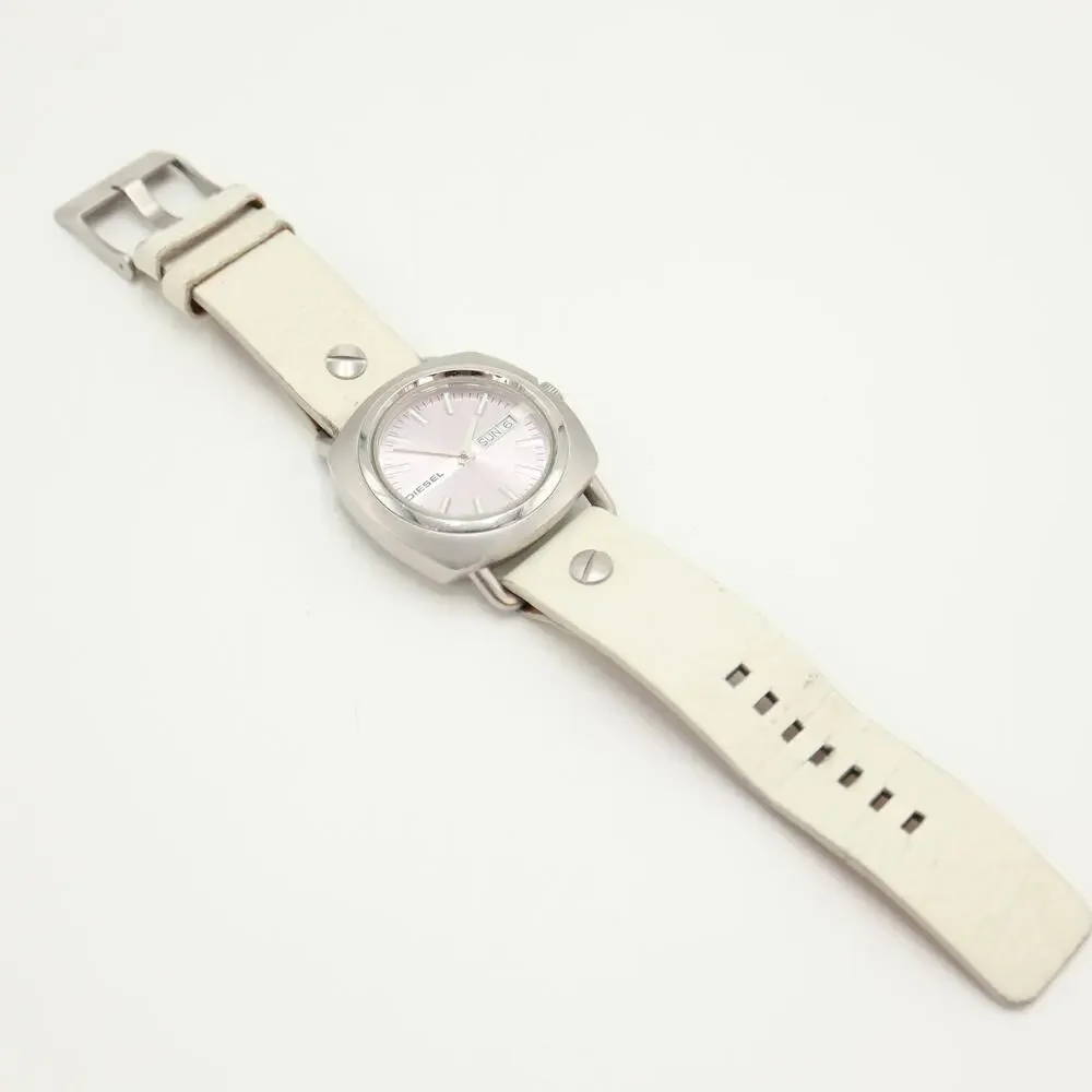 Diesel Mens 40mm Day Date Pink Silver Watch White Leather DZ5090 w New Battery